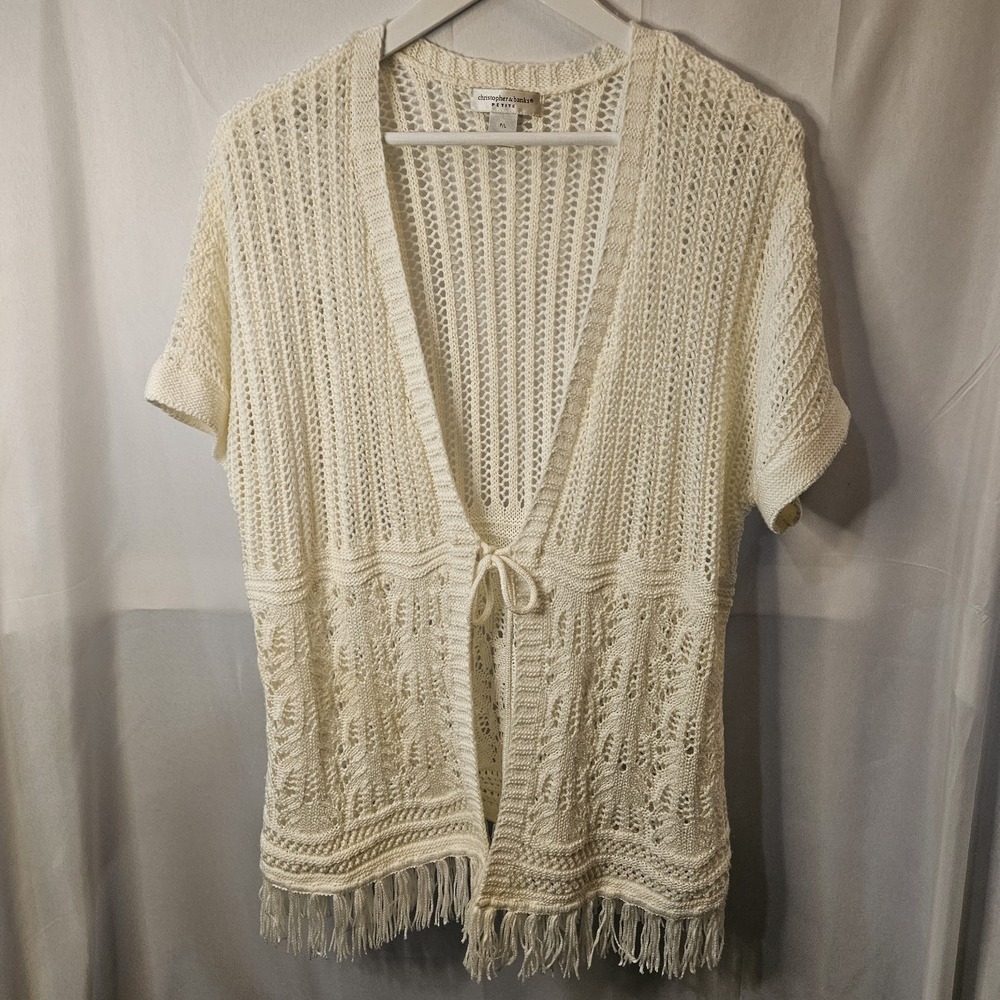 Christopher And Banks Ivory Crocheted Sweater W/fringe Boho Sz Petite L Seaside